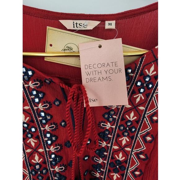 New NWT Itse Embroidered Long Sleeve Red Top Medium Boho - Picture 7 of 10